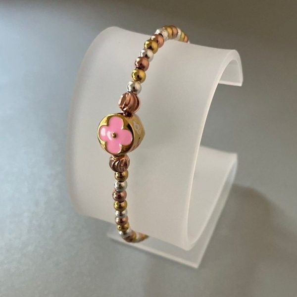 Gold Pink and White Clover Leaf Bracelet 2102